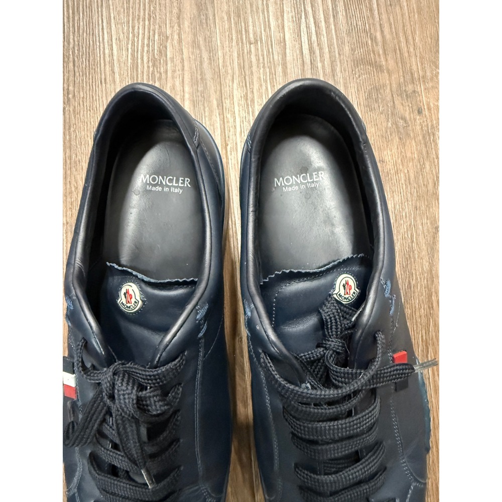 Moncler Mens Navy Blue Leather Low Top Sneakers Made in Italy Logo Shoes flaw - Picture 2 of 12